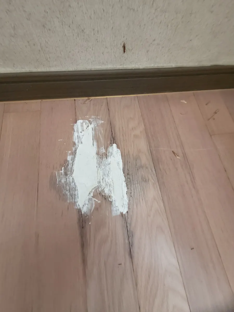퍼티로 높이를 맞춘 강마루 보수 부위