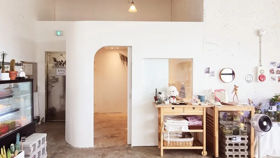 울산 일산지 카페 안에 라운드 가벽과 아치 입구로 만든 화이트 펫룸 외관